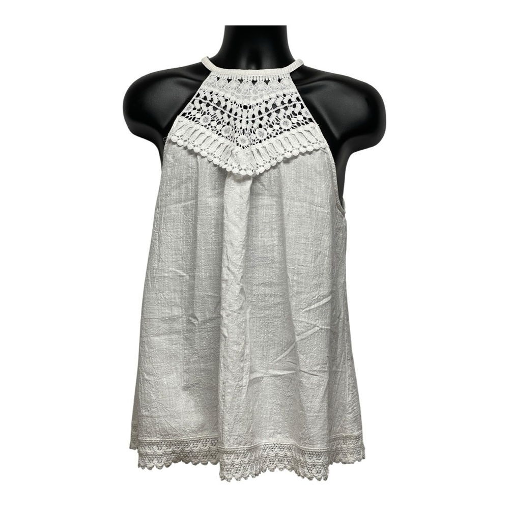 White Lace Halter Size Large B-Sharp Tie-Back Top  Boho Crochet Detail